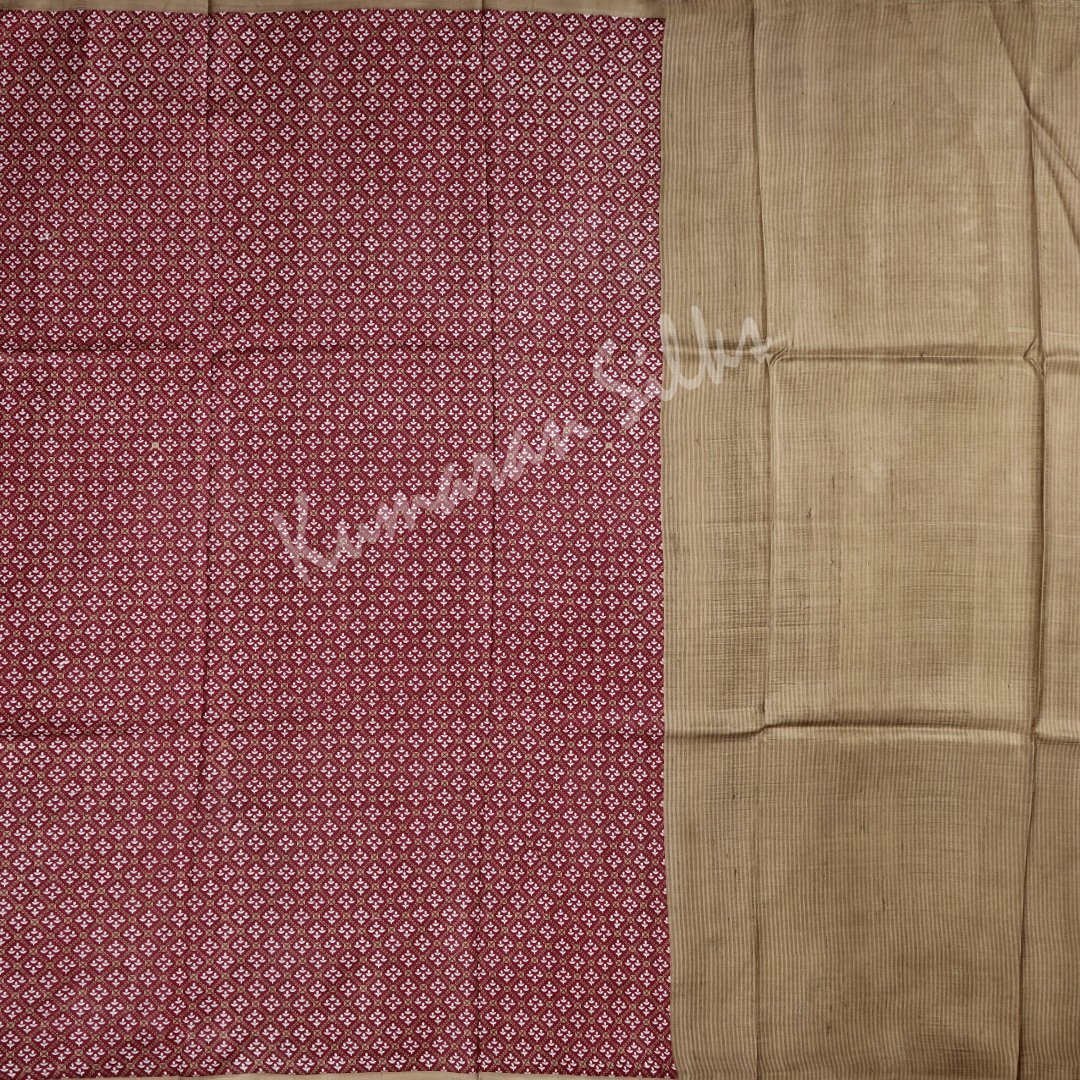 Pure Tussar Maroon Floral Printed Saree 02