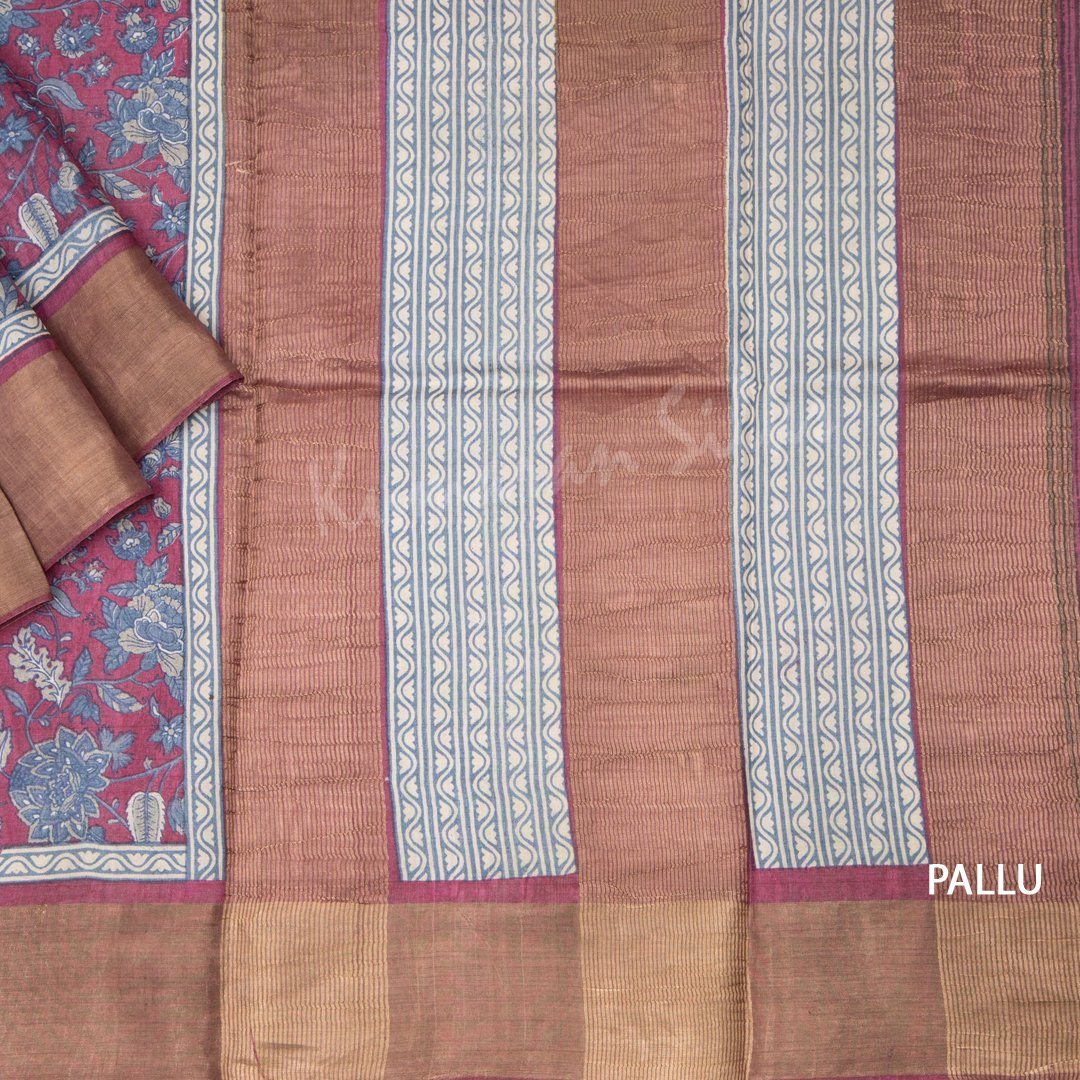 Pure Tussar Dark Pink Floral Printed Saree