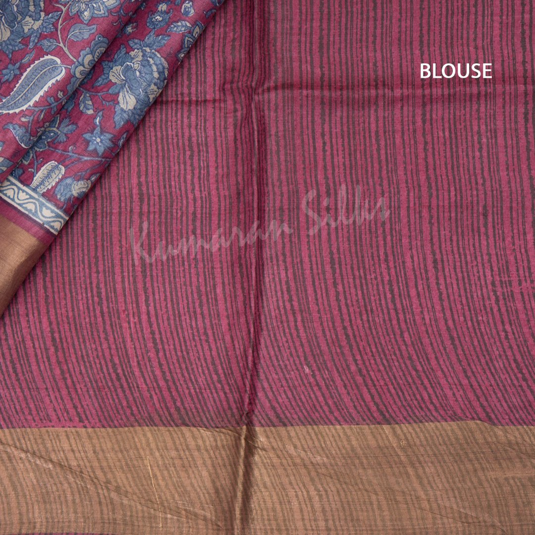 Pure Tussar Dark Pink Floral Printed Saree