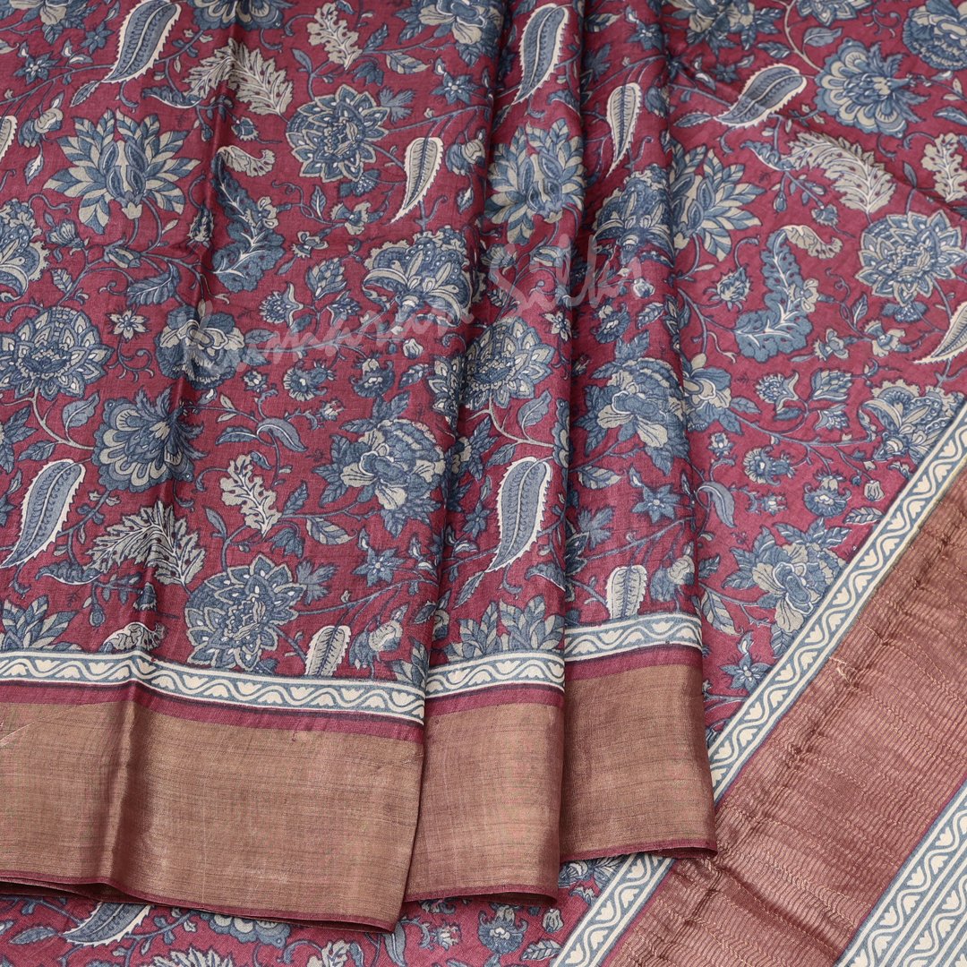 Pure Tussar Dark Pink Floral Printed Saree