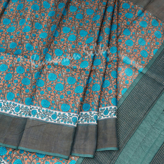 Pure Tussar Cinnamon Brown Floral Printed Saree