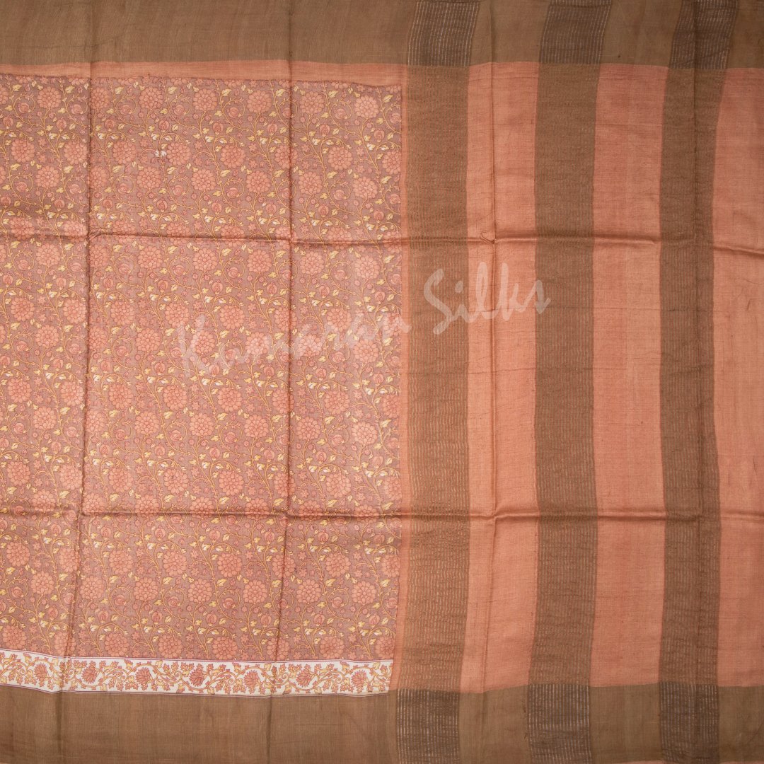 Pure Tussar Light Brown Floral Printed Saree 02