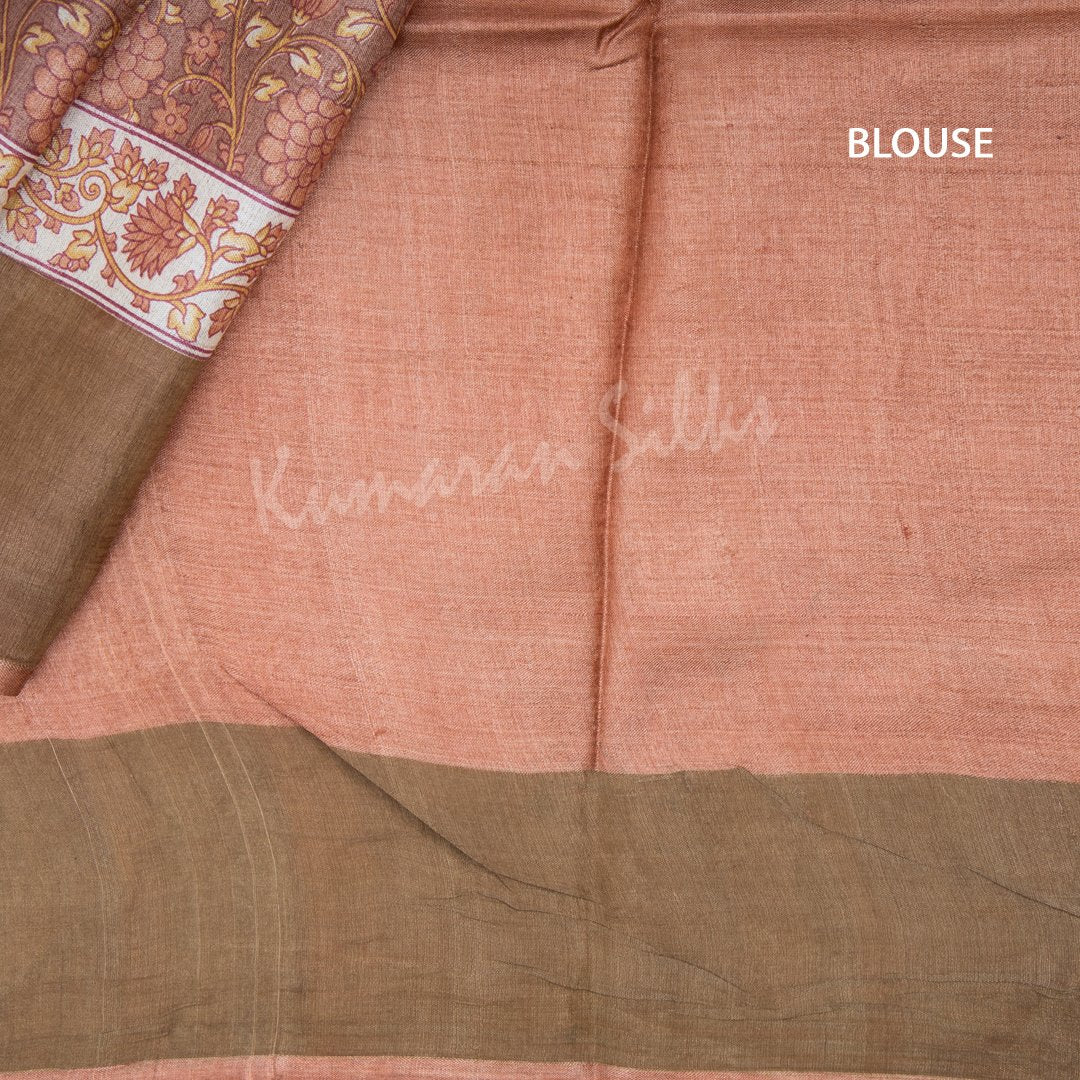 Pure Tussar Light Brown Floral Printed Saree 02