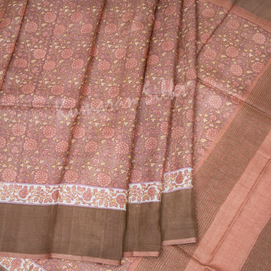 Pure Tussar Light Brown Floral Printed Saree 02