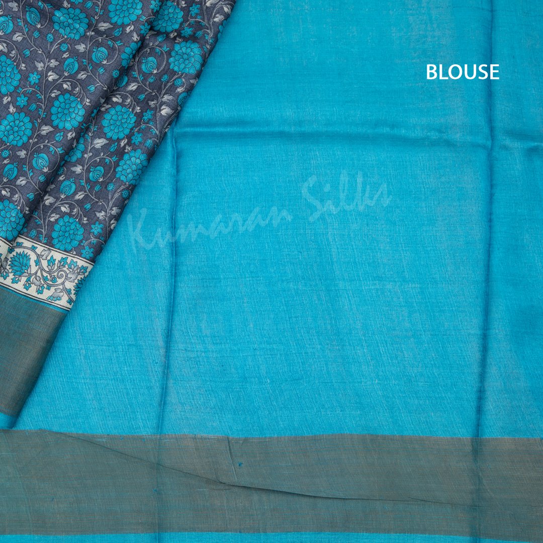 Pure Tussar Navy Blue Floral Printed Saree