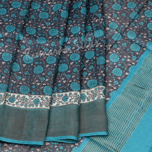 Pure Tussar Navy Blue Floral Printed Saree