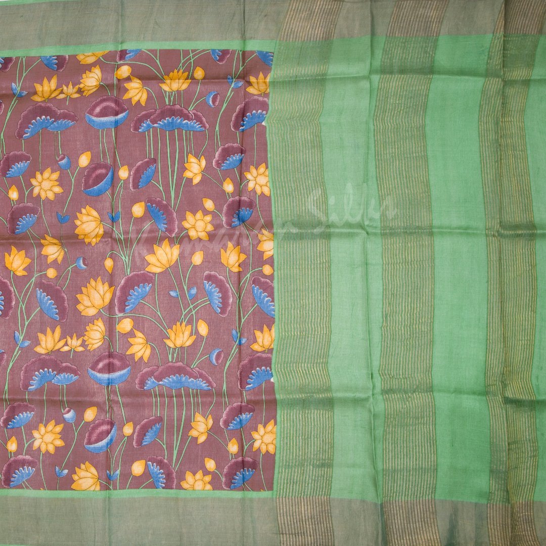 Pure Tussar Brown Floral Printed Saree