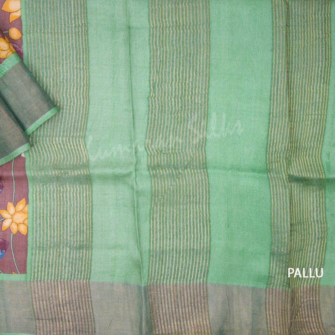 Pure Tussar Brown Floral Printed Saree