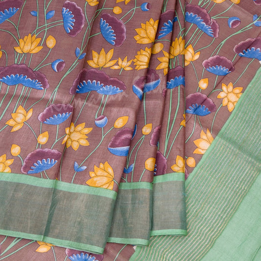 Pure Tussar Brown Floral Printed Saree