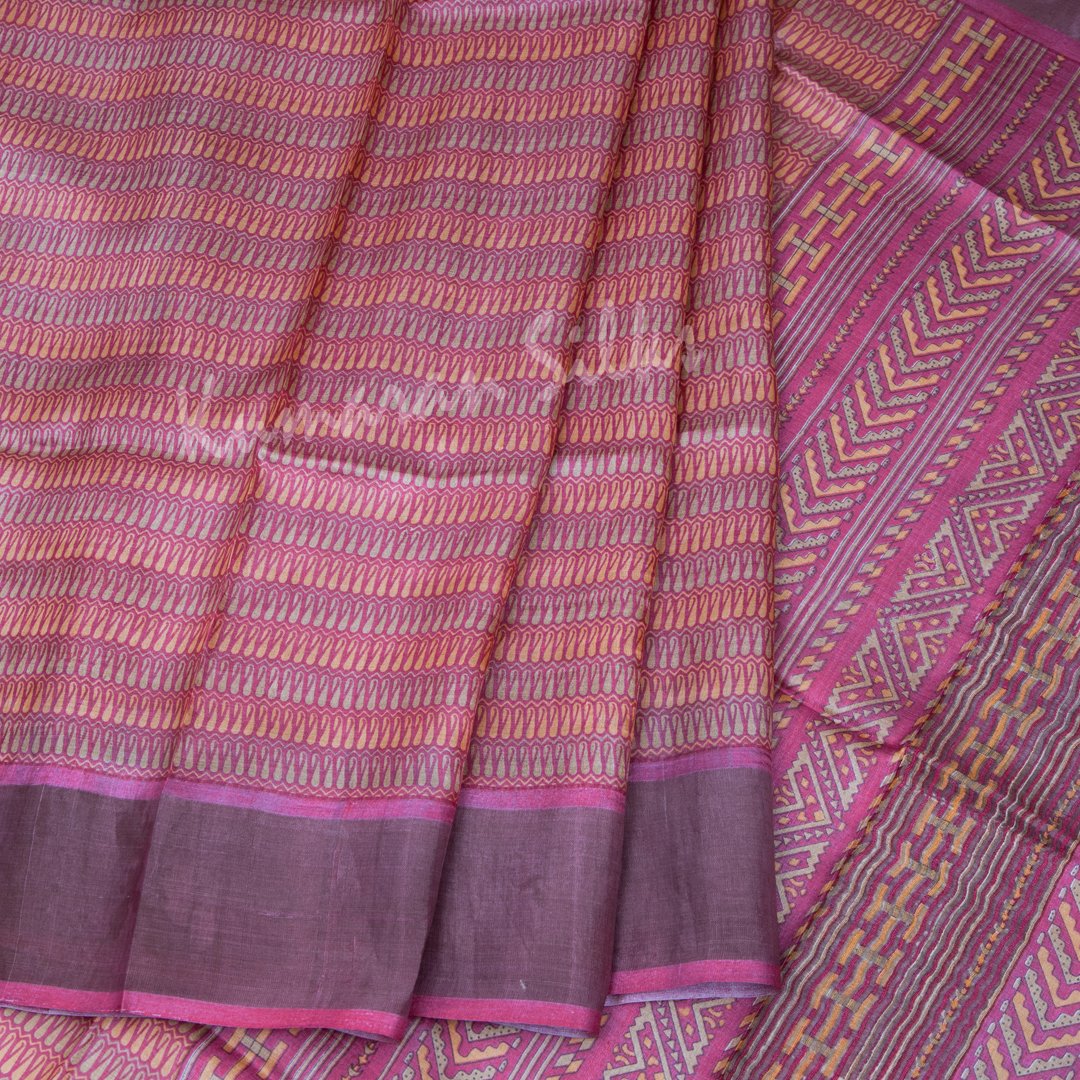 Pure Tussar Pink Mango Printed Saree