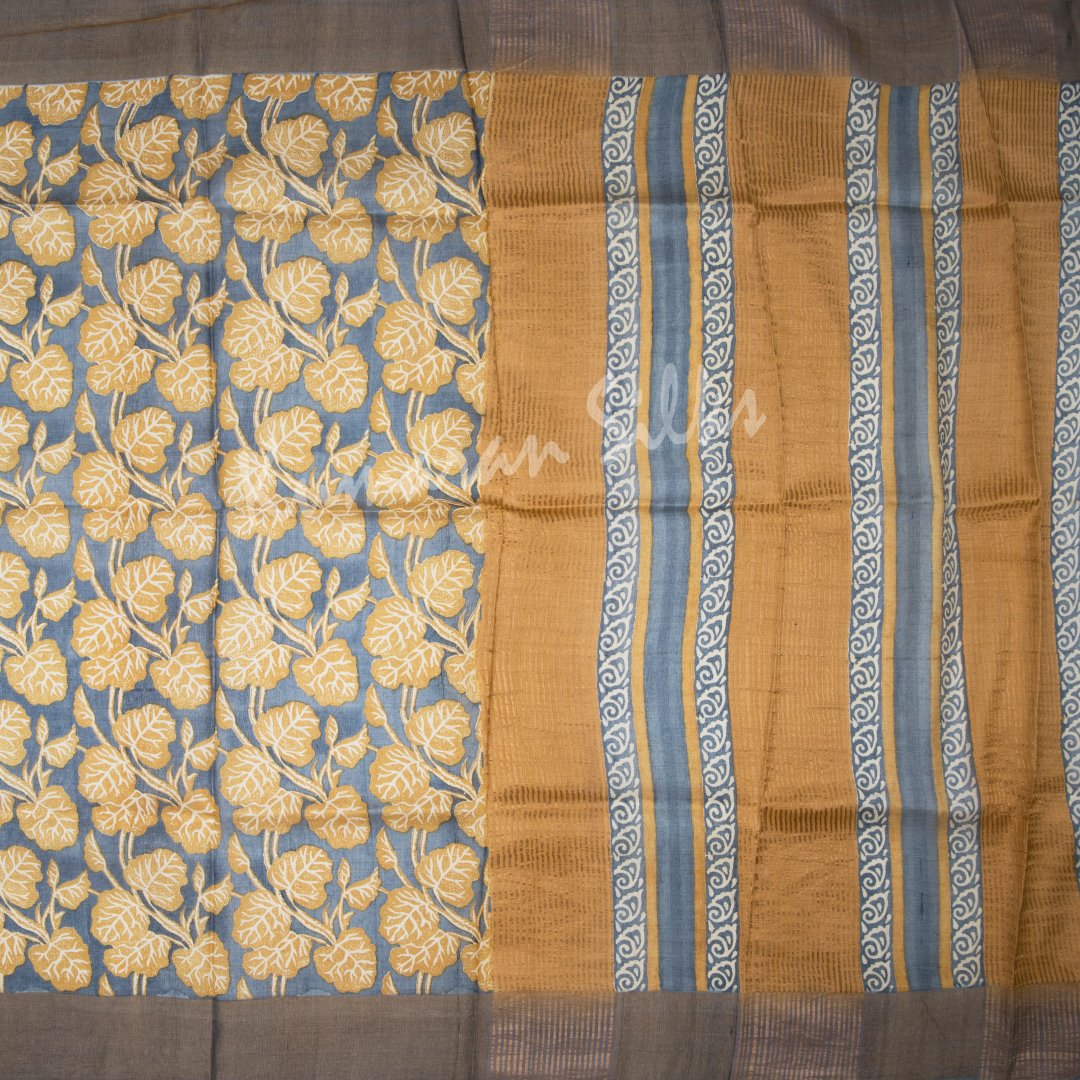 Pure Tussar Greyish Blue Leaf Printed Saree