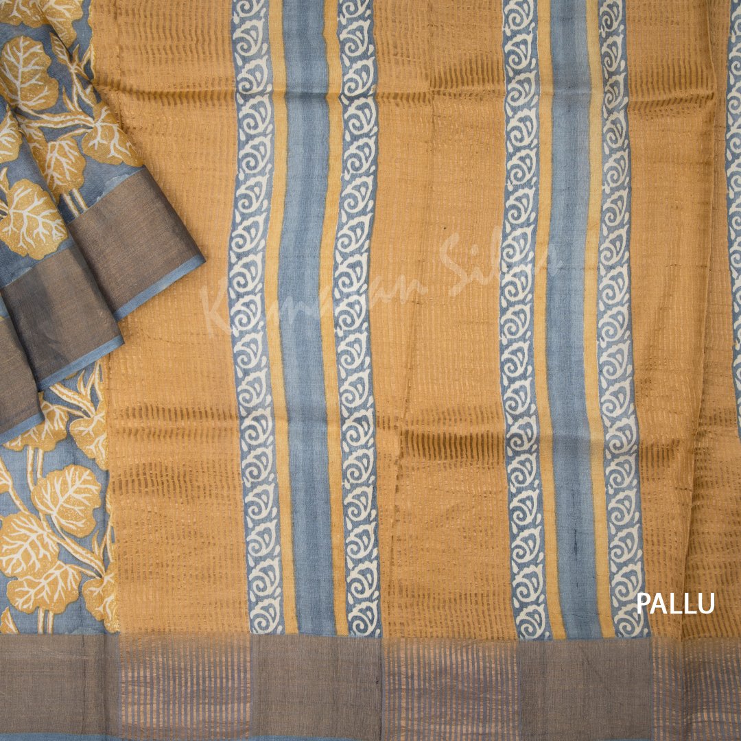 Pure Tussar Greyish Blue Leaf Printed Saree