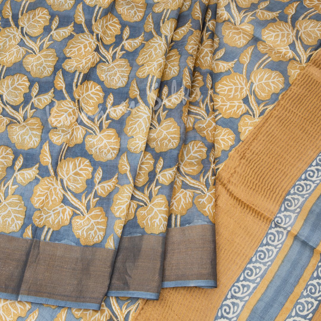 Pure Tussar Greyish Blue Leaf Printed Saree