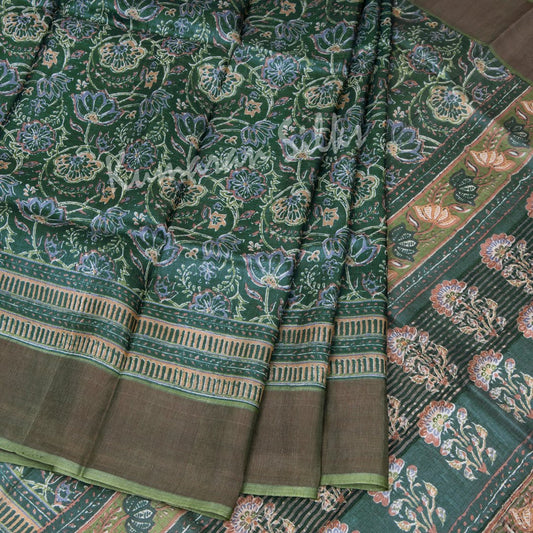 Pure Tussar Dark Green Floral Printed Saree