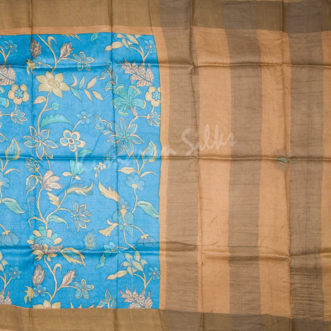 Pure Tussar Blue Floral Printed Saree - Kumaran Silks