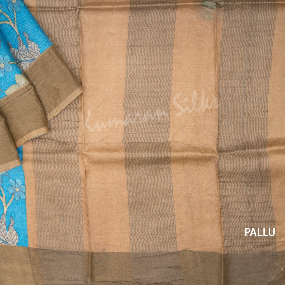 Pure Tussar Blue Floral Printed Saree