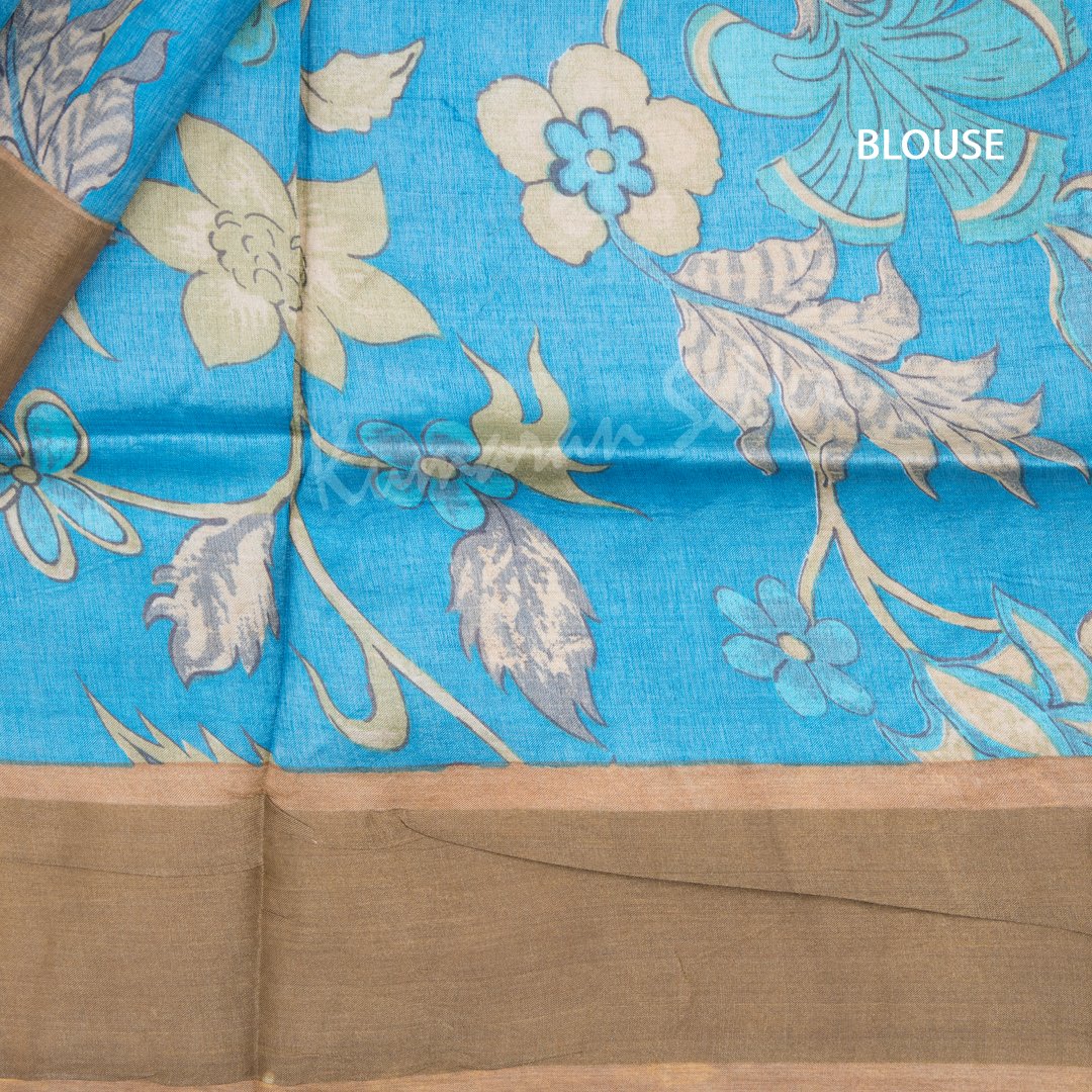 Pure Tussar Blue Floral Printed Saree