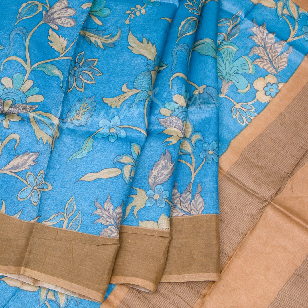 Pure Tussar Blue Floral Printed Saree