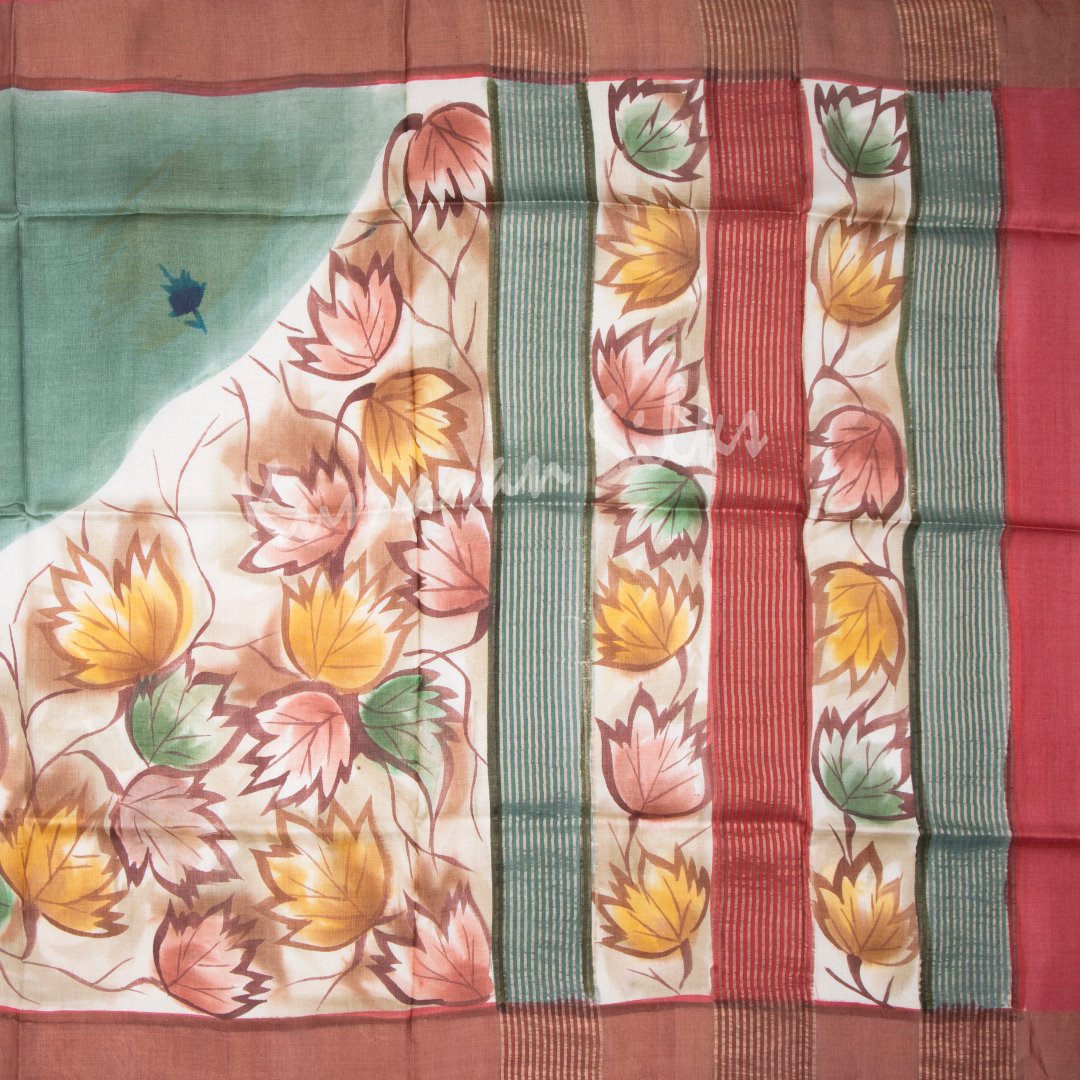 Pure Tussar Sage Green Saree With Floral Motif