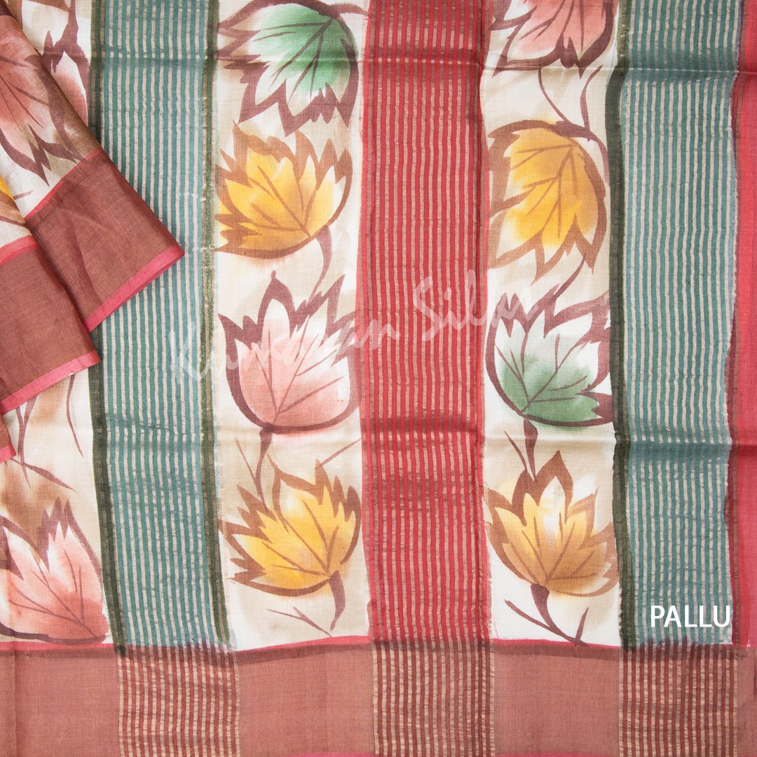 Pure Tussar Sage Green Saree With Floral Motif