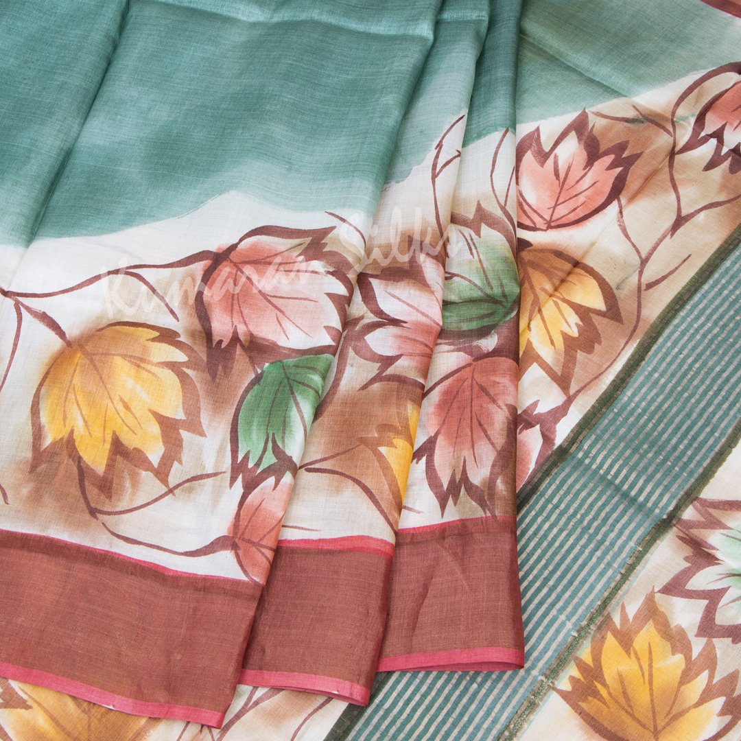 Pure Tussar Sage Green Saree With Floral Motif