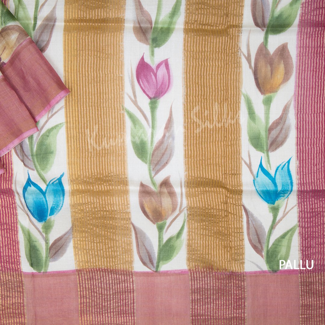 Pure Tussar Golden Brown Saree With Floral Motif