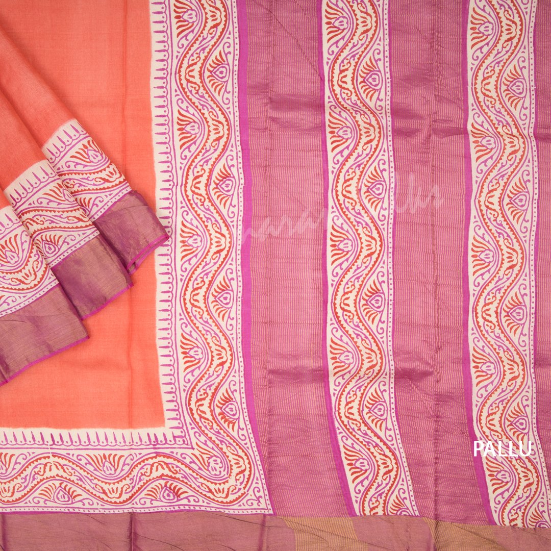 Pure Tussar Peach Plain Saree