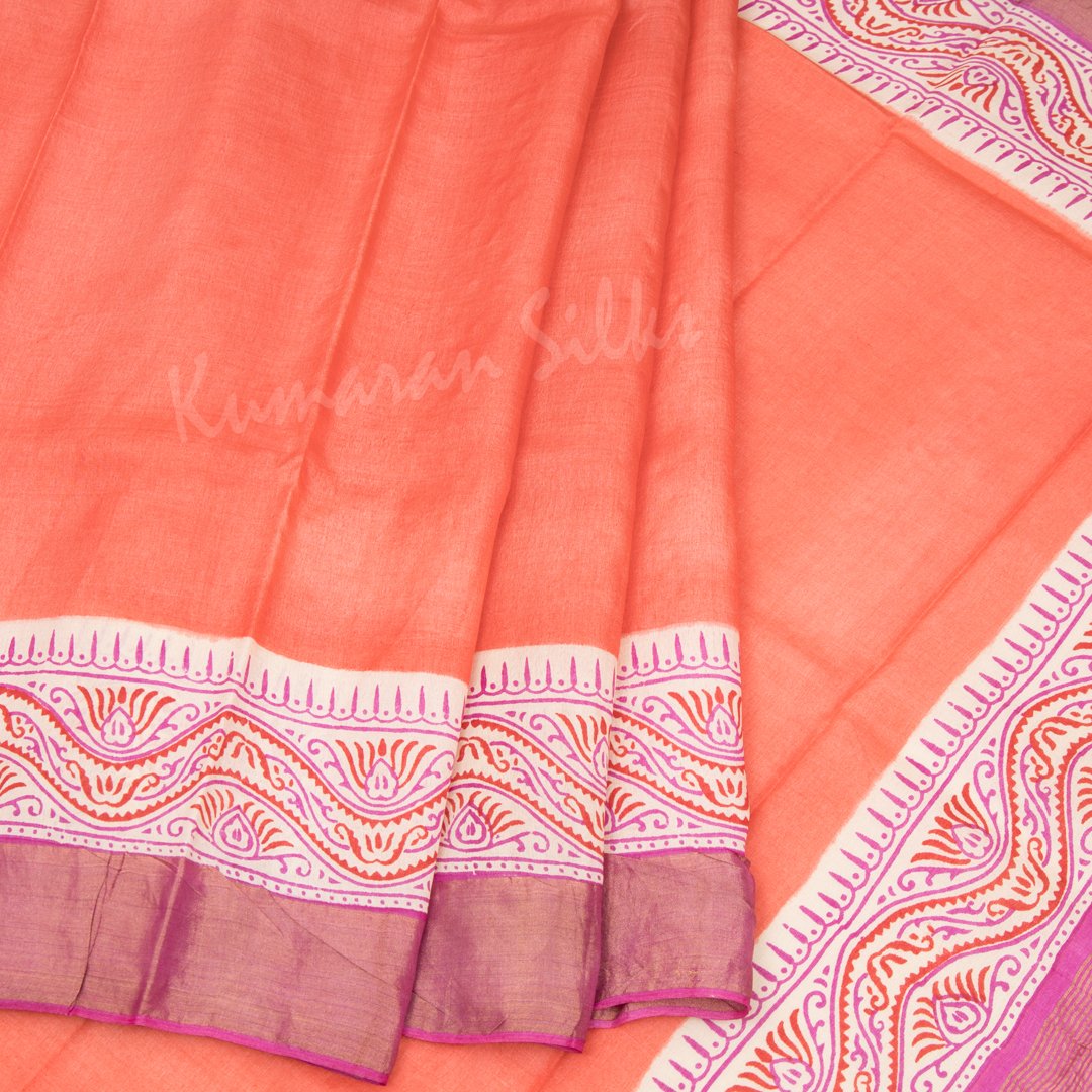 Pure Tussar Peach Plain Saree