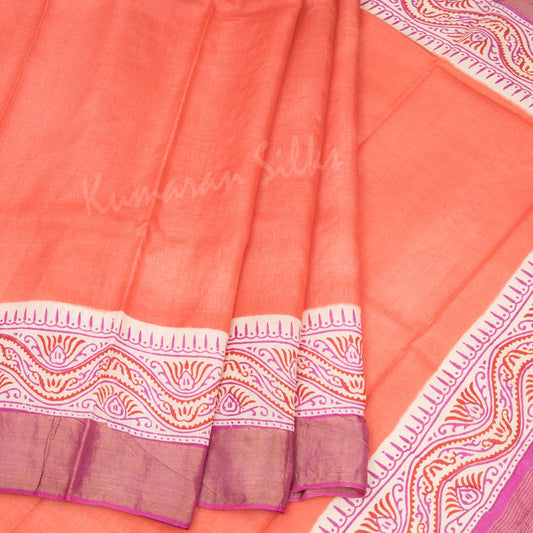 Pure Tussar Peach Plain Saree