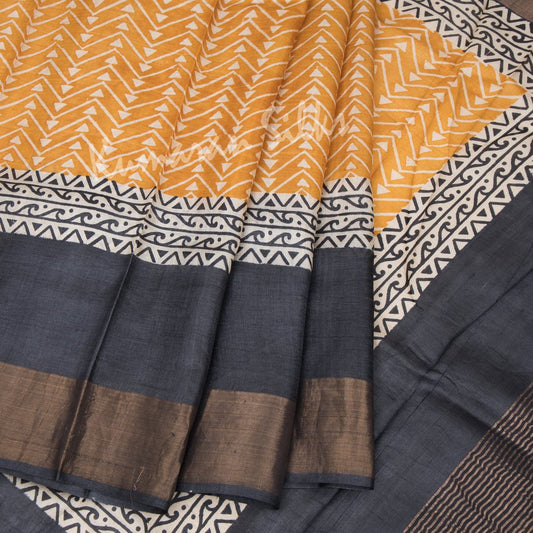 Pure Tussar Mustard Saree With Zig Zag Design