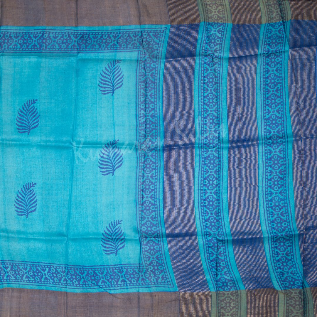 Pure Tussar Blue Leaf Printed Saree