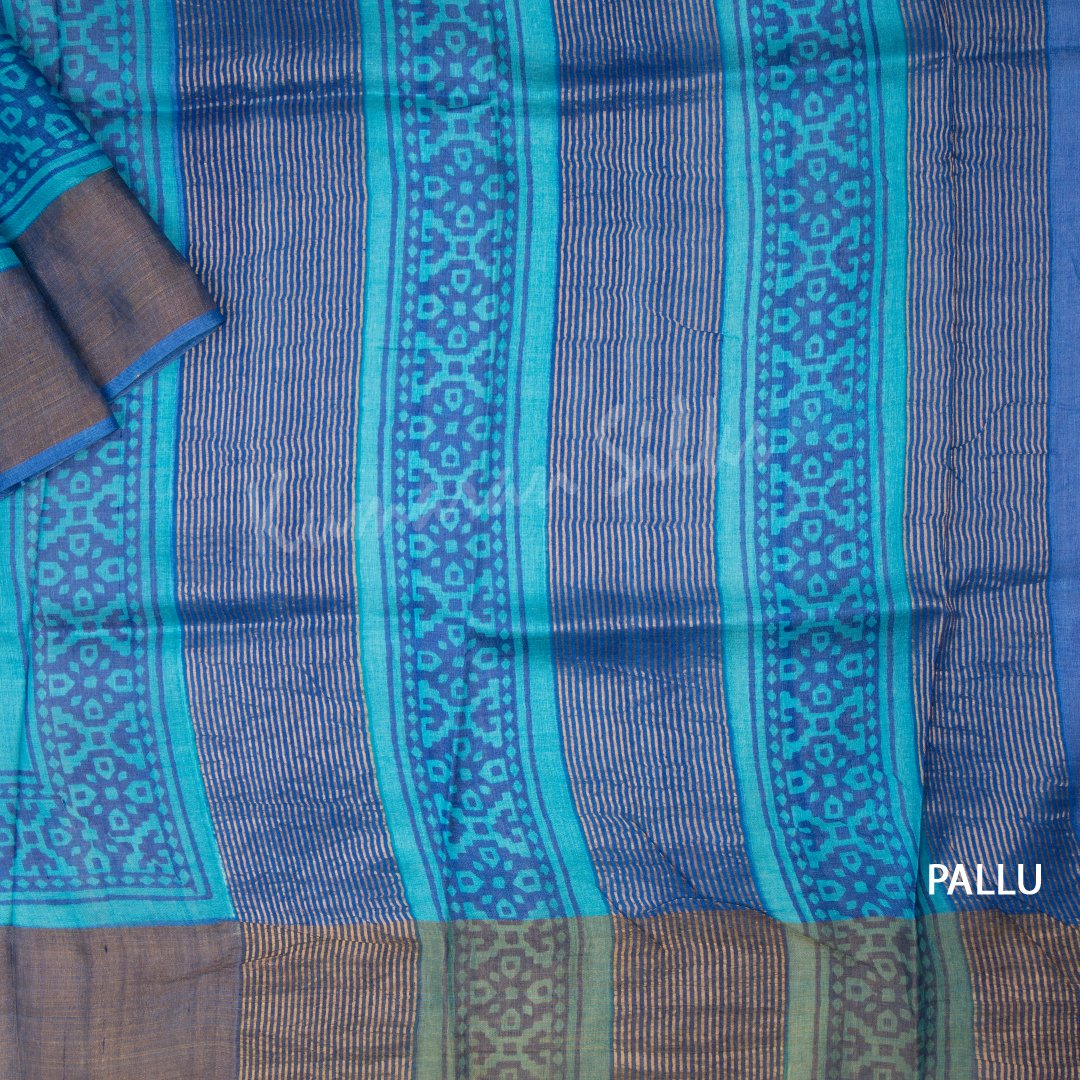 Pure Tussar Blue Leaf Printed Saree