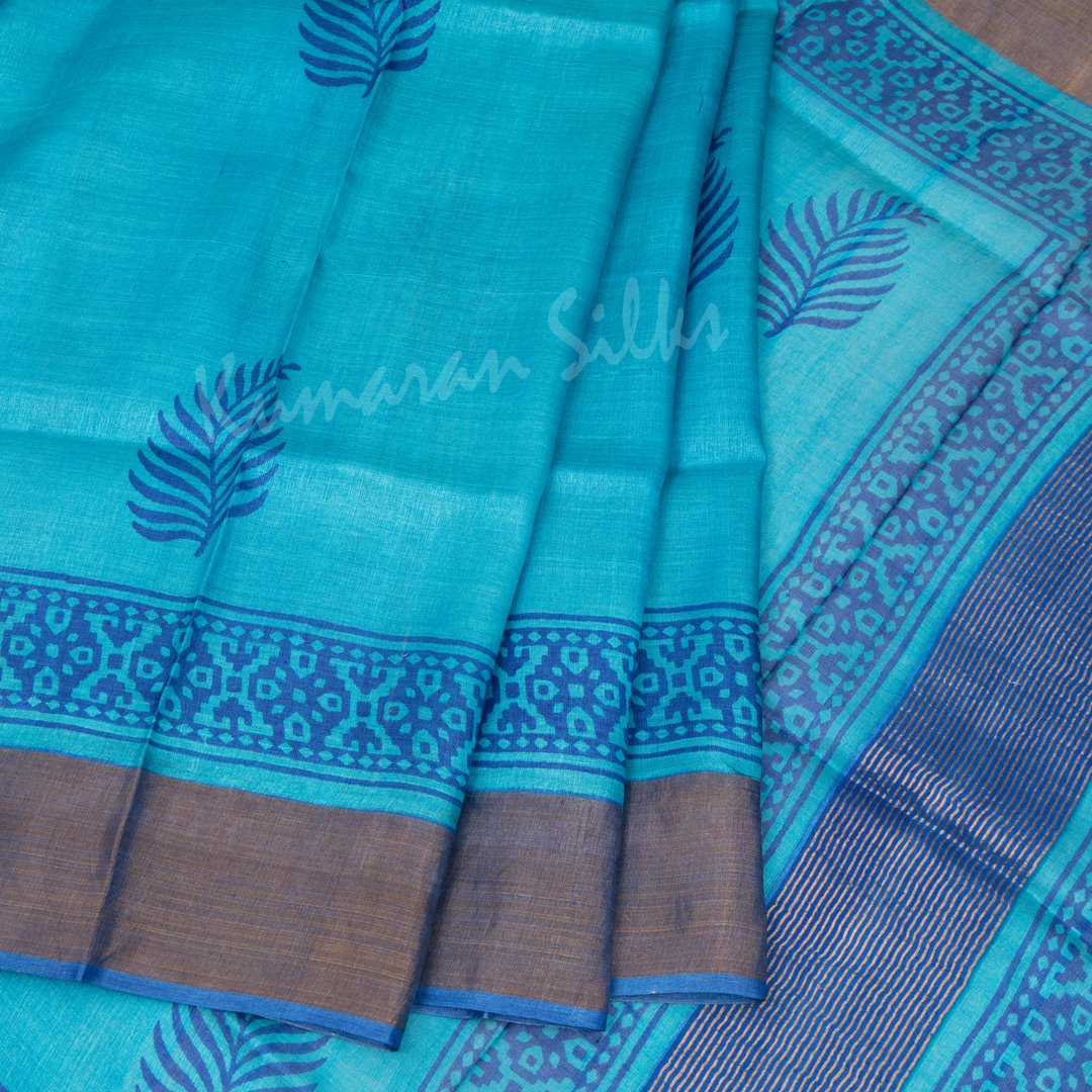 Pure Tussar Blue Leaf Printed Saree