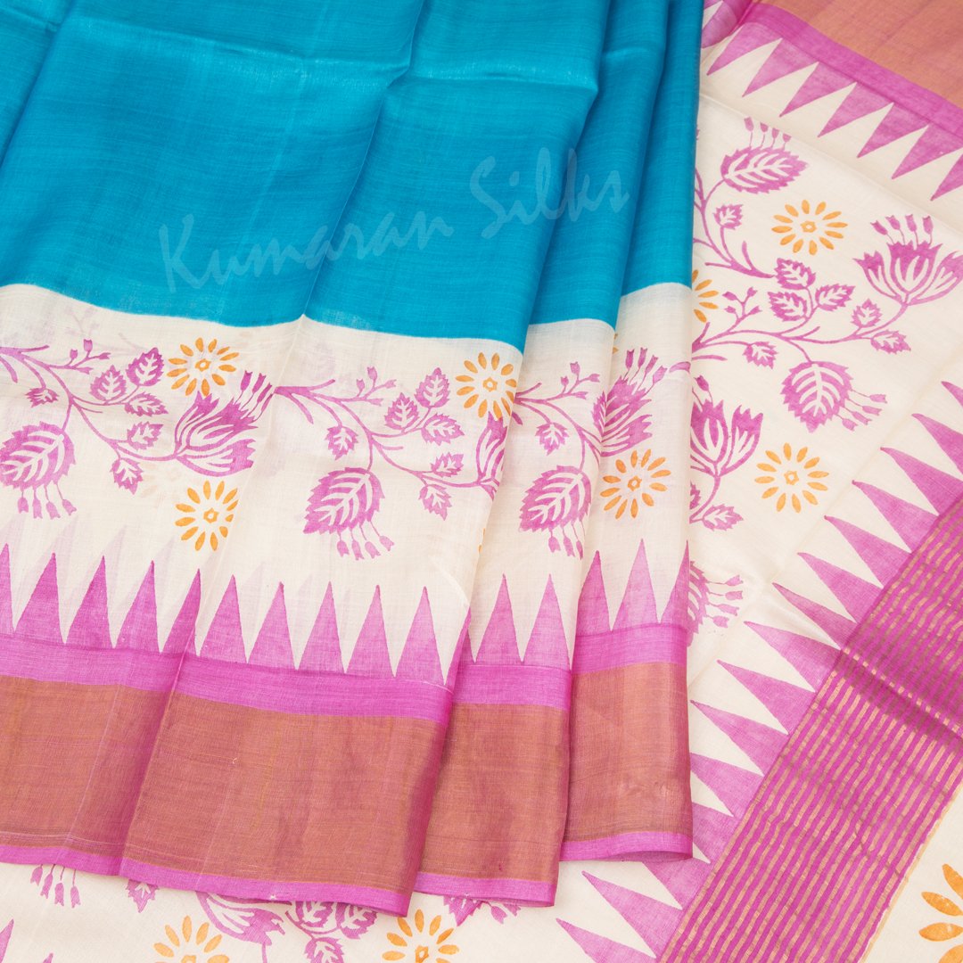 Pure Tussar Blue Plain Saree