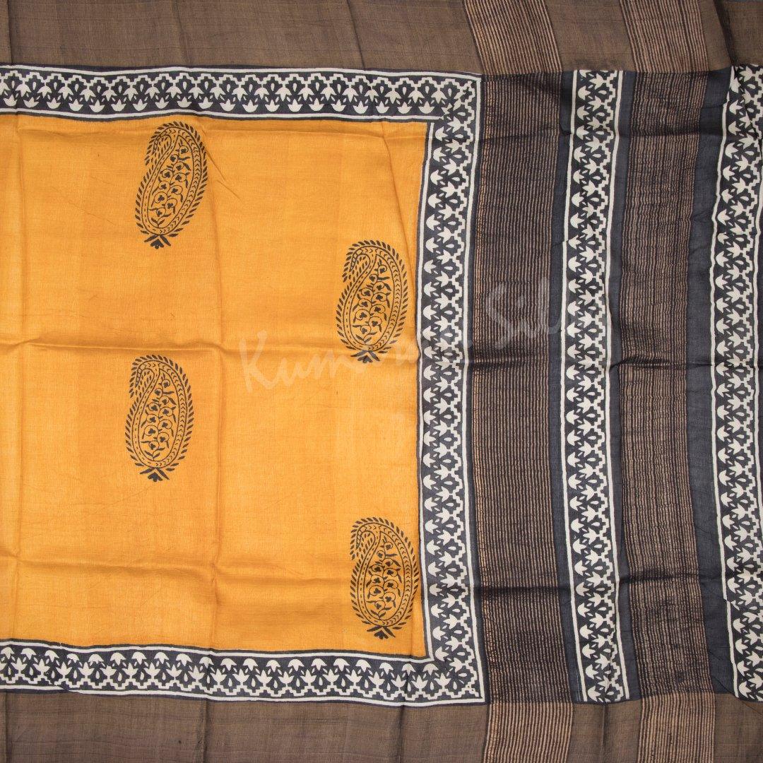 Pure Tussar Mustard Mango Printed Saree - Kumaran Silks