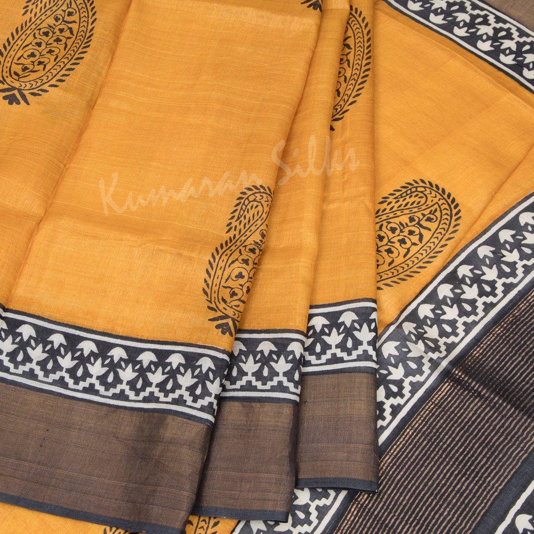 Pure Tussar Mustard Mango Printed Saree - Kumaran Silks