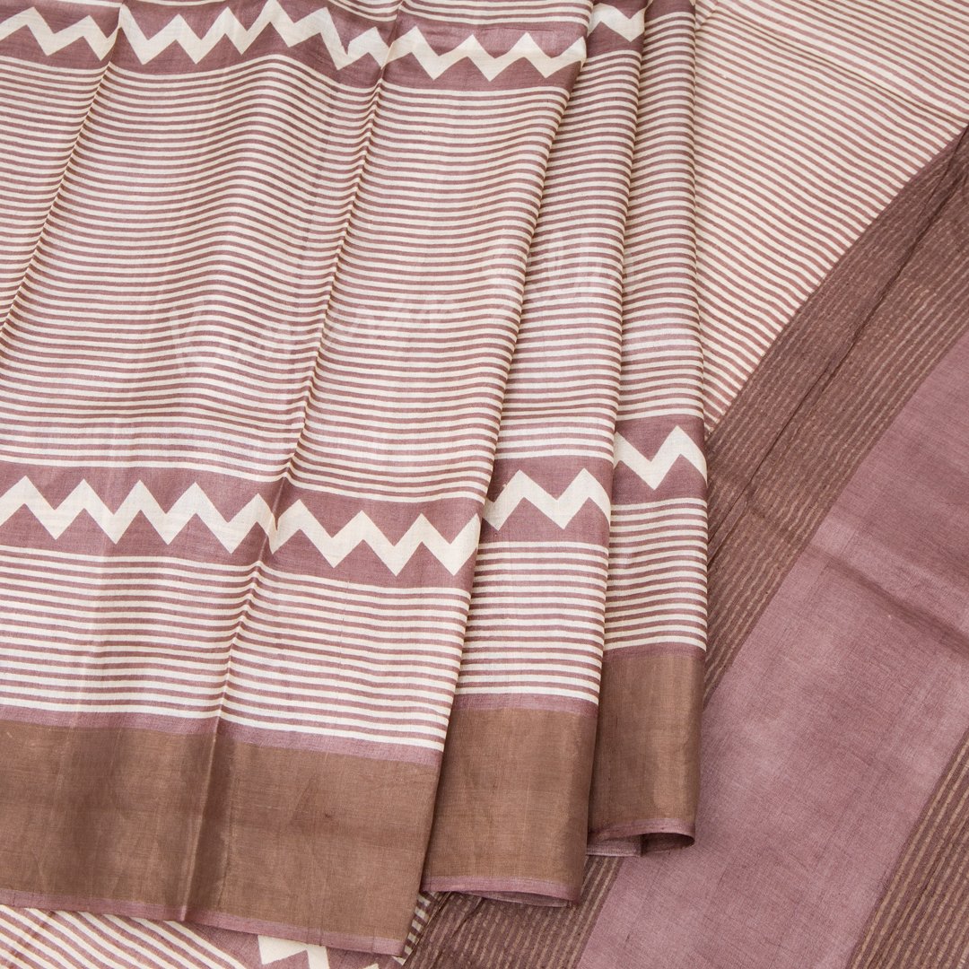 Pure Tussar Cream Saree With Striped Design 02