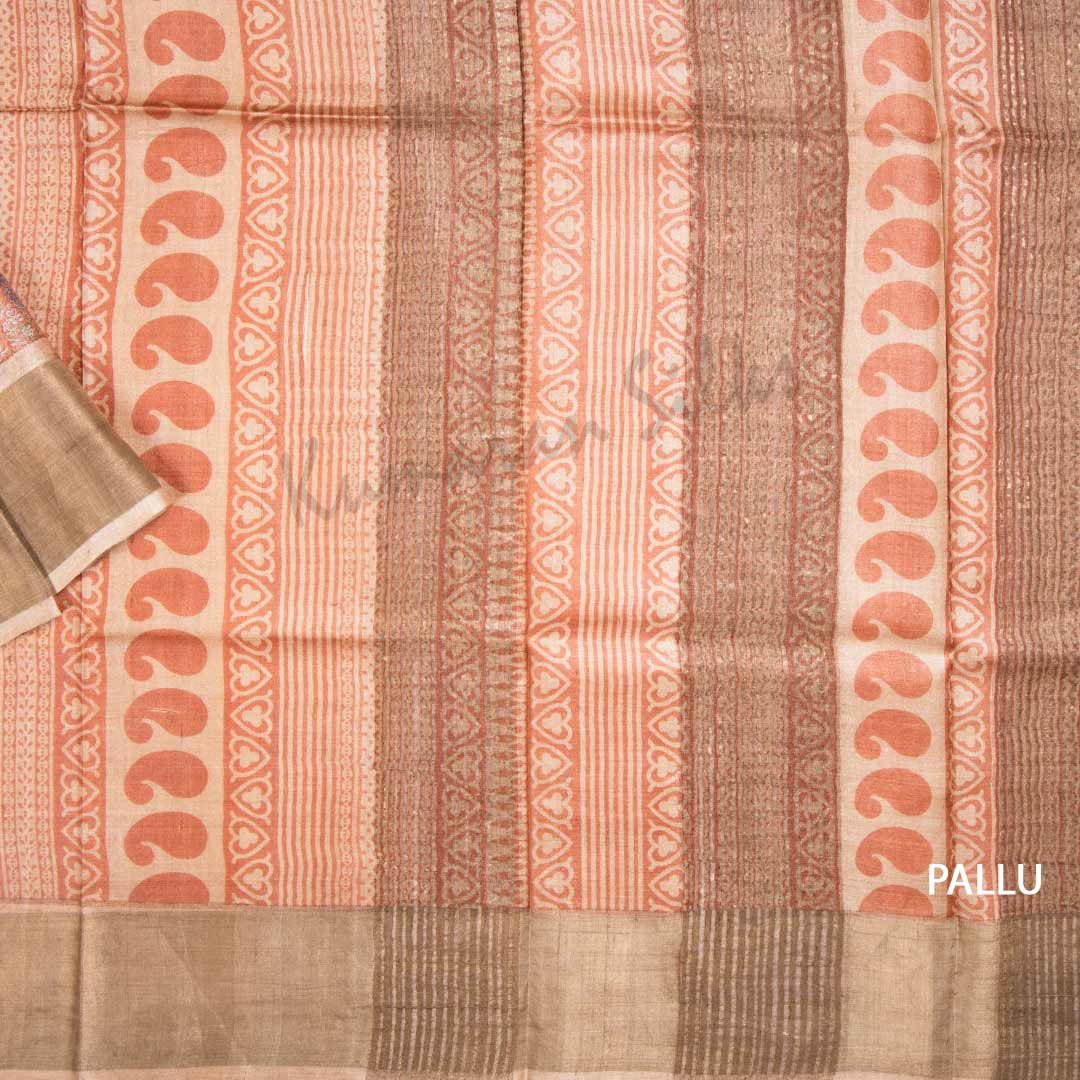 Pure Tussar Peach Saree With Floral Motif