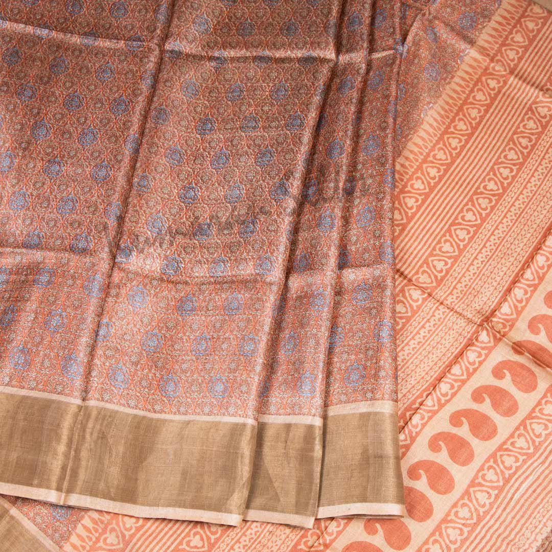 Pure Tussar Peach Saree With Floral Motif