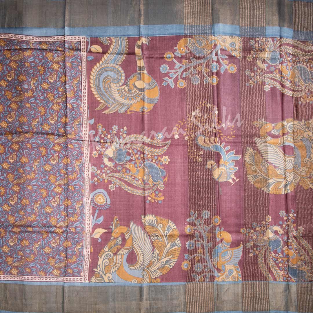 Pure Tussar Plum Purple Saree With Floral Motif