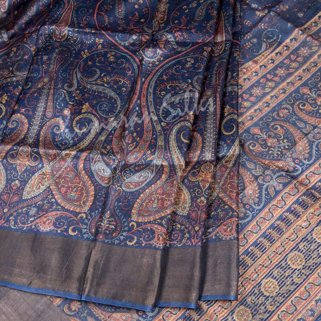 Pure Tussar Navy Blue Saree With Mango Motif