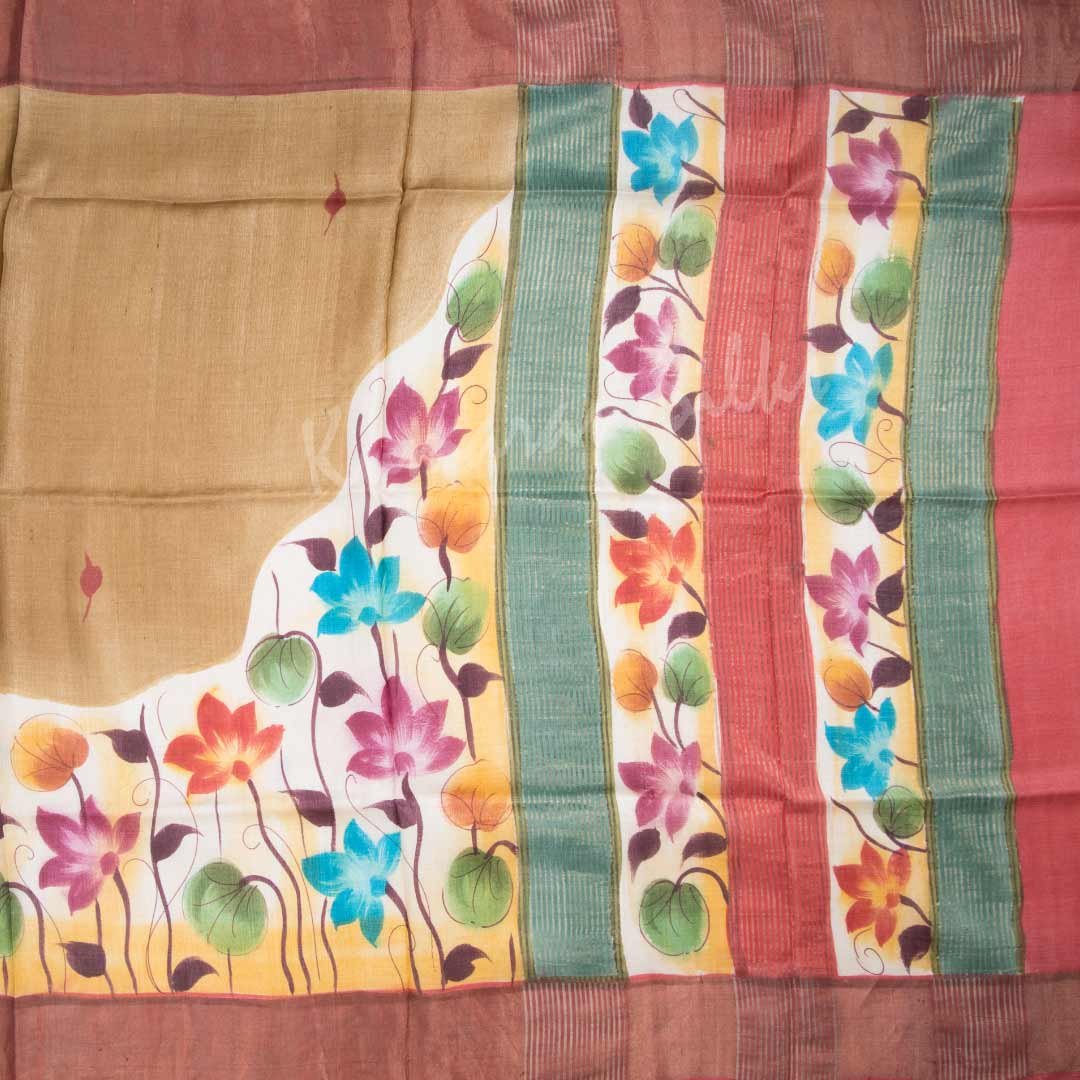 Pure Tussar Cinnamon Brown Saree With Floral Motif