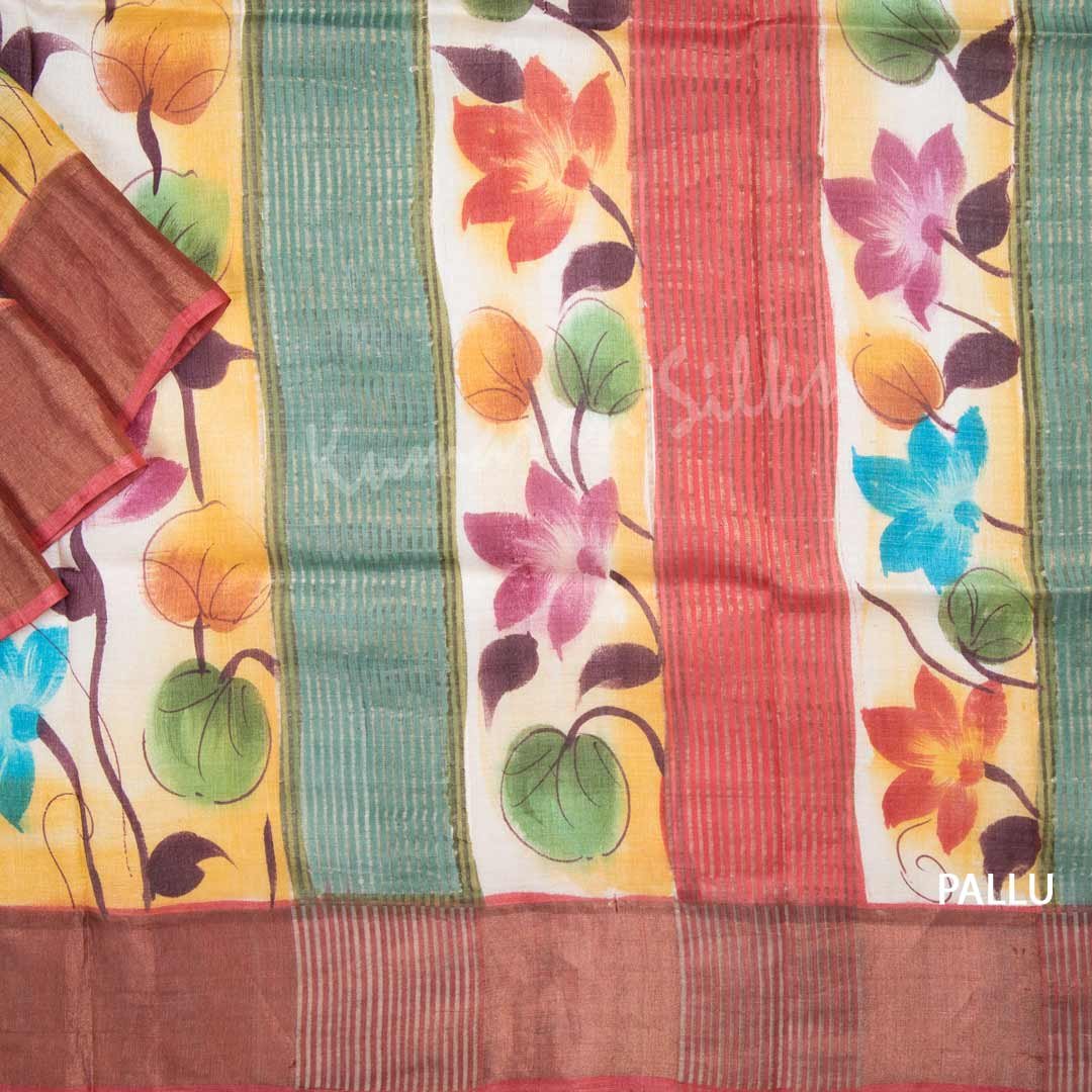 Pure Tussar Cinnamon Brown Saree With Floral Motif