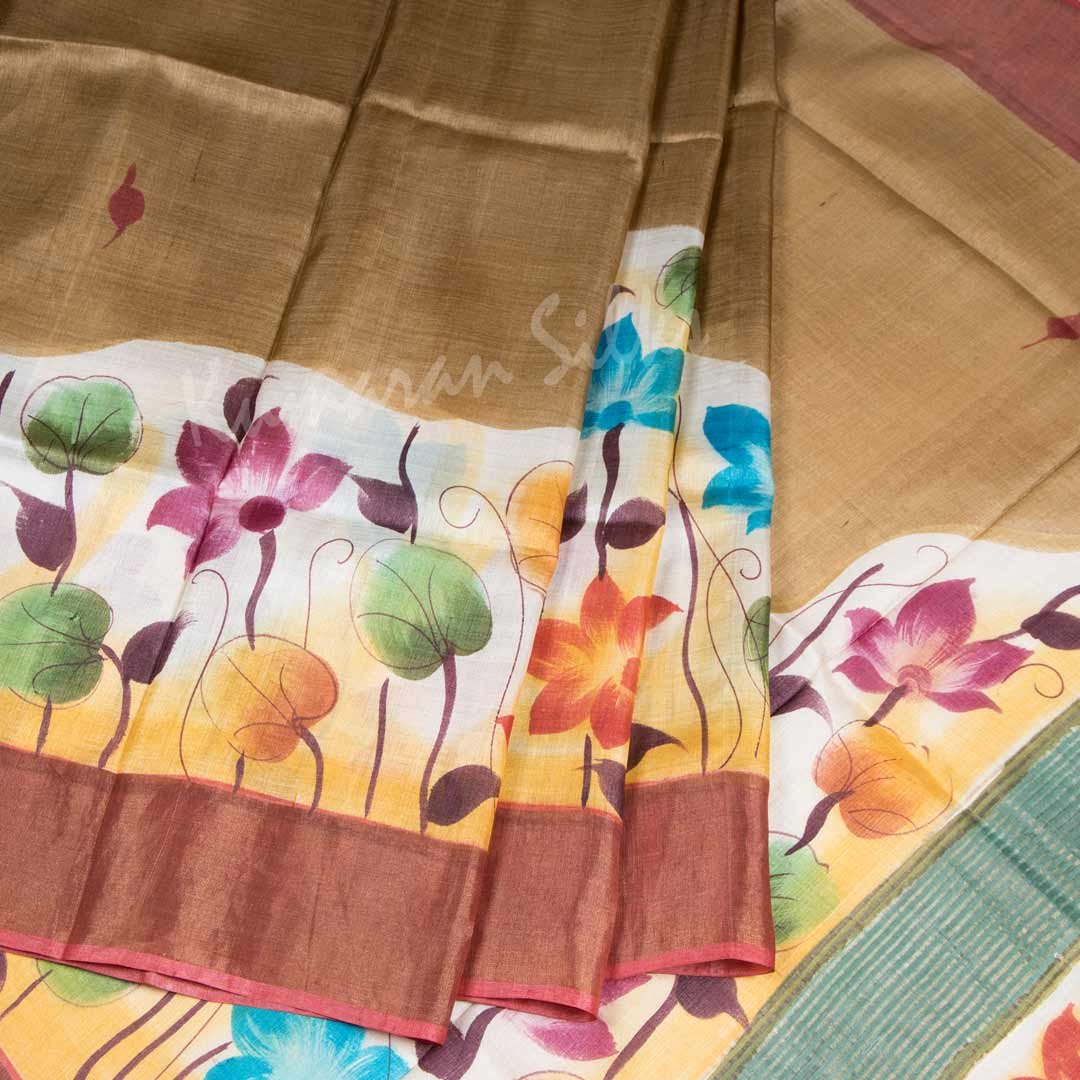 Pure Tussar Cinnamon Brown Saree With Floral Motif