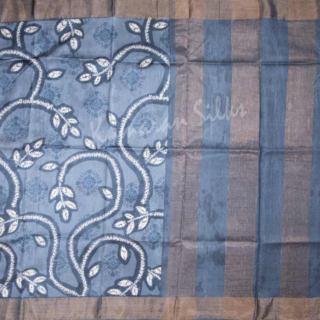 Pure Tussar Greyish Blue Saree With Leaf Design