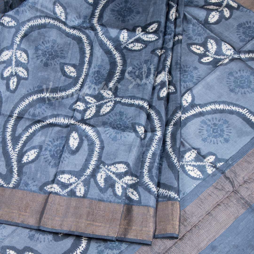 Pure Tussar Greyish Blue Saree With Leaf Design