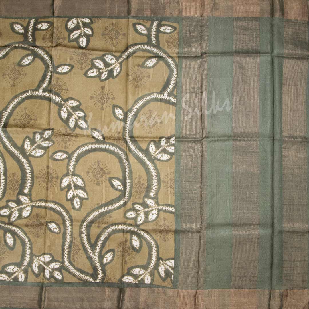 Pure Tussar Olive Green Saree With Leaf Design