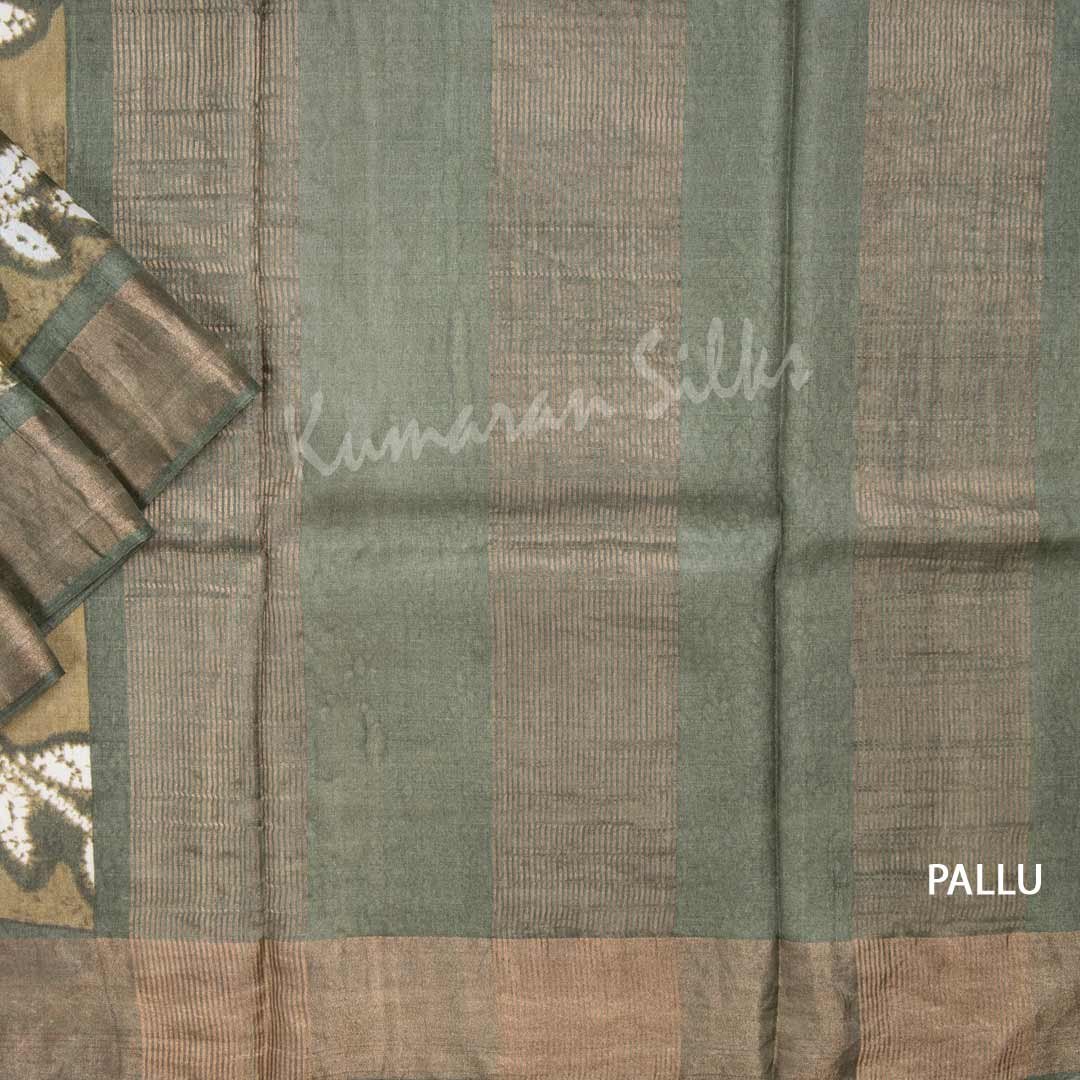 Pure Tussar Olive Green Saree With Leaf Design