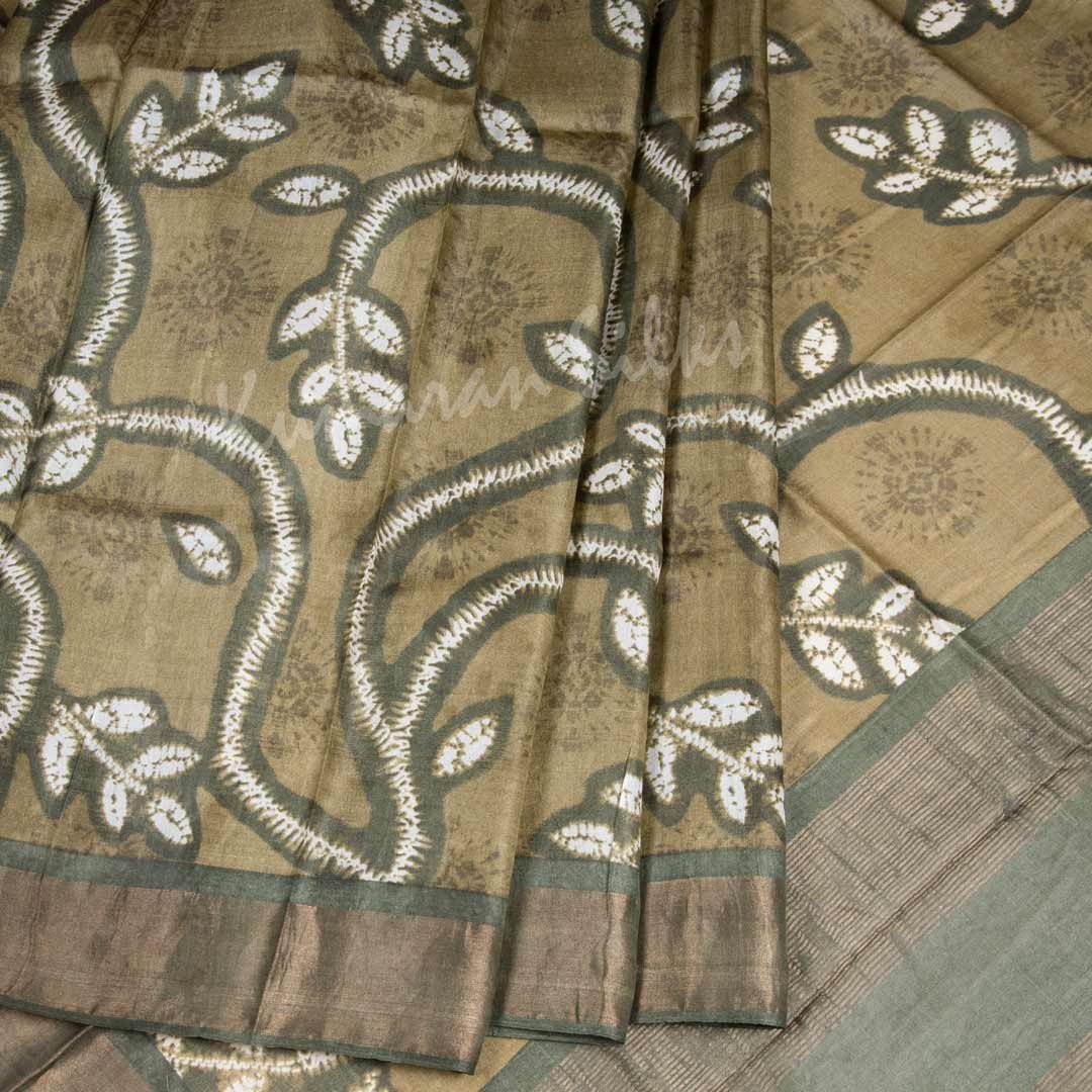 Pure Tussar Olive Green Saree With Leaf Design