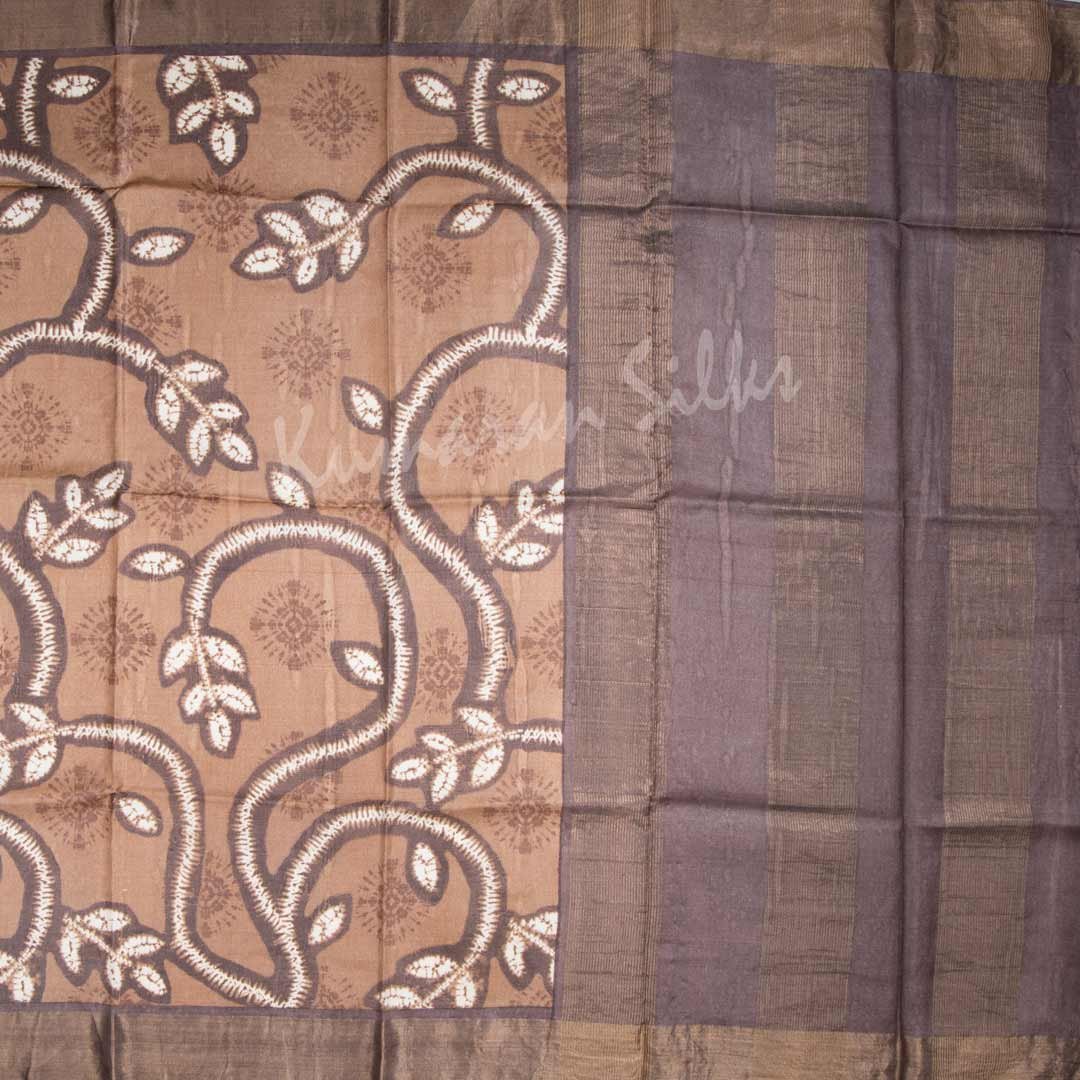 Pure Tussar Brown Saree With Leaf Design